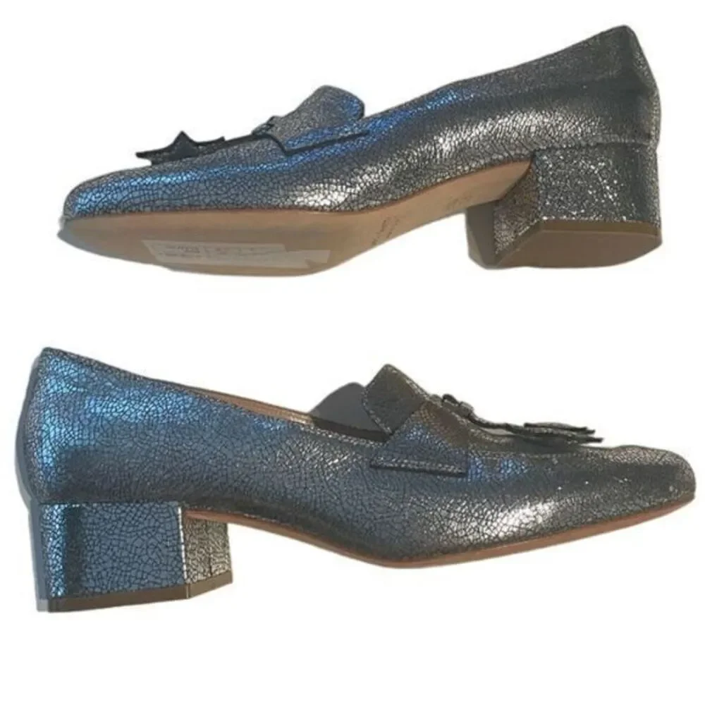 Alberta Ferretti Silver Metallic Loafers Star Tassel 8 IT38‎ Block Heel Italian